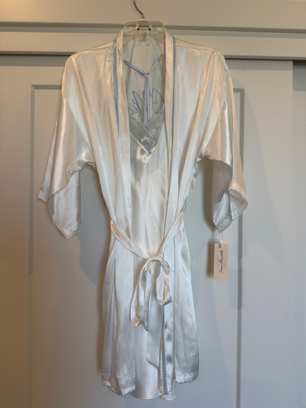Linea Donatella Ivory Satin Short Robe with Lace Trim